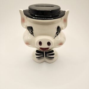 Vintage Ceramic Smiling Pig Face Bank with Black Hat